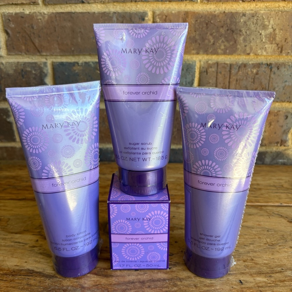 Mary Kay Forever Orchid 4 Piece Set Cologne Shower Gel Body Lotion Sugar Scrub